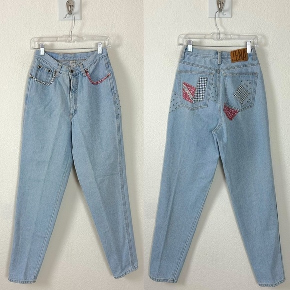 Vintage 90s Zena Patchwork Cottage Mom Jeans Tapered Leg High Rise Barrel 26 - Picture 1 of 17